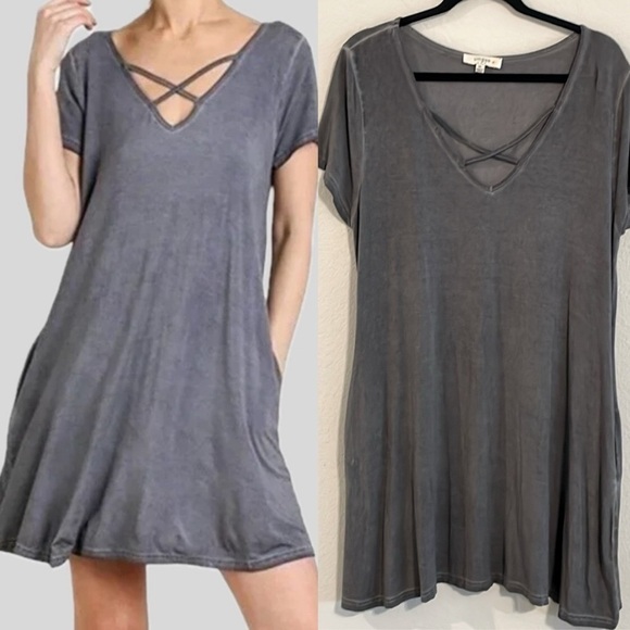 Umgee Women Midi Dress 1XL Grey Distressed Bohemian Contemporary Preppy - Picture 1 of 13